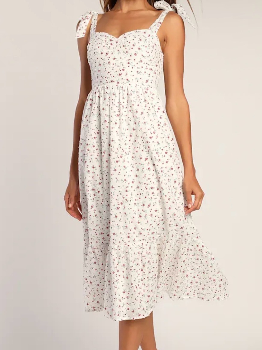 Lulu’s Size Large White Floral Tie Strap Midi Dress Cottagecore Sundress